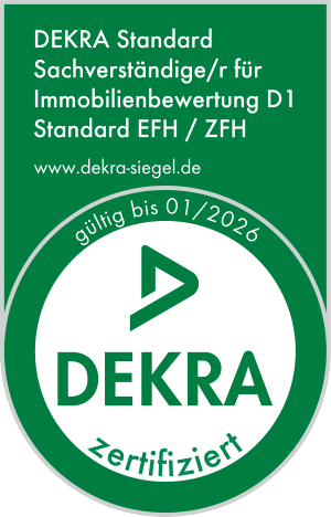 Siegel: DEKRA Standard Sachverständiger für Immobilienbewertung D1 — Standard EFH / ZFH · gültig bis 01/2026 · Personenzertifizierung Niko Caspers